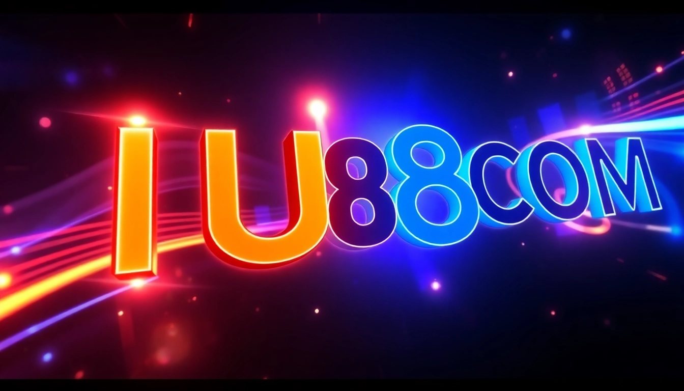 Brightly lit "UU88 COM" logo displayed on a dynamic digital backdrop, emphasizing online gaming and betting features for user engagement.