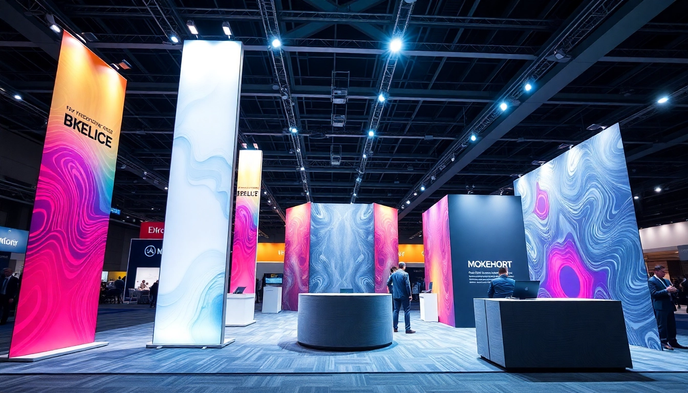 Tradeshow displays with vibrant banners and modular booths attracting visitors at a busy trade show event.