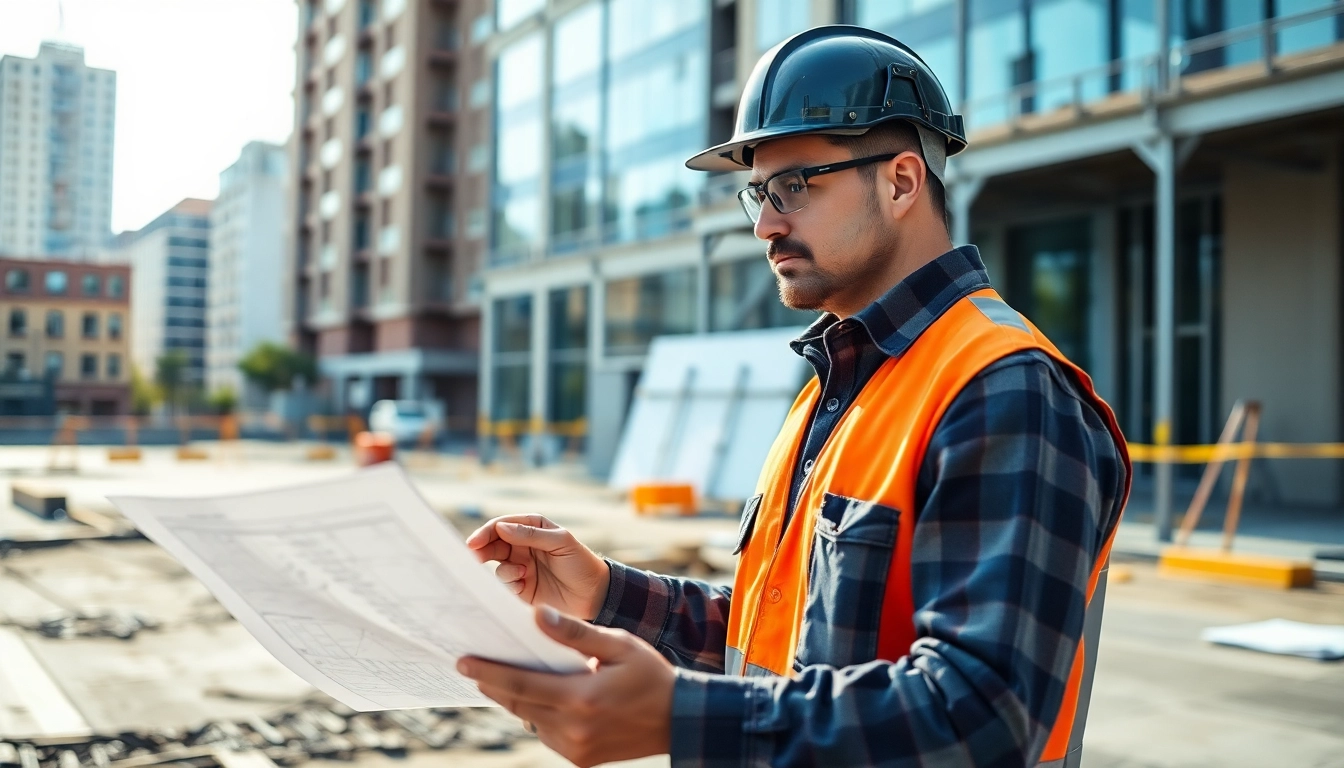 Experienced contractor reviewing building plans on-site, demonstrating expertise in construction and project management.
