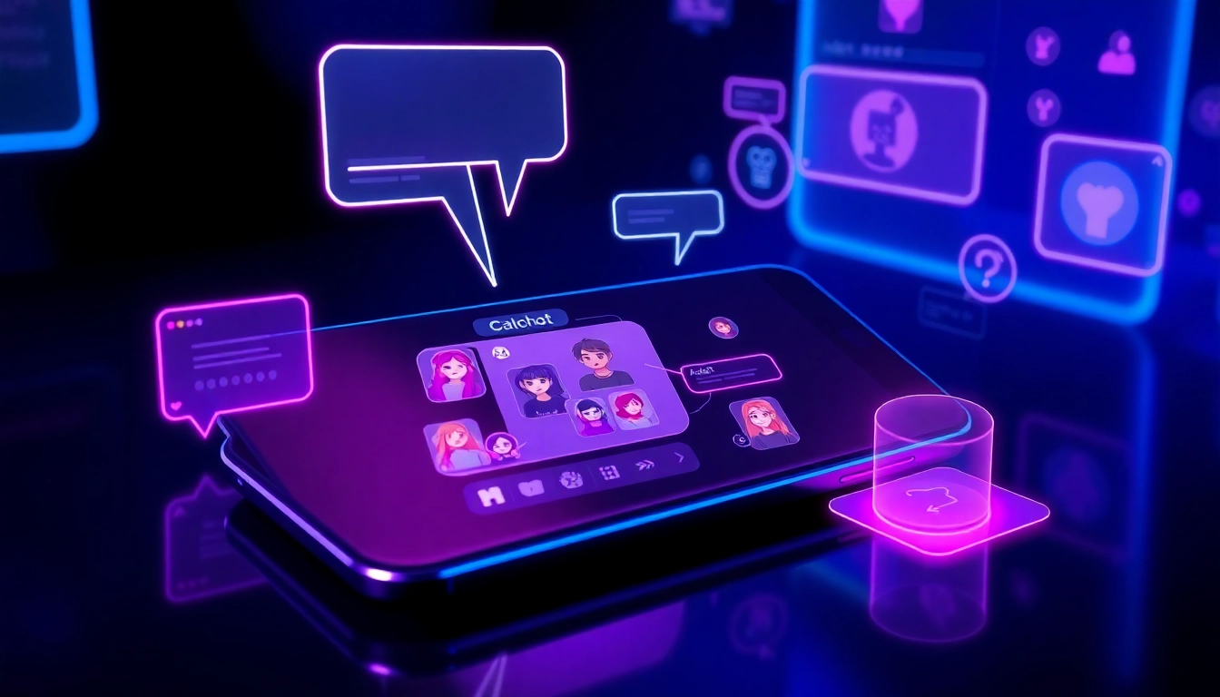 Futuristic AI chatbot interface on a sleek device with neon accents and holographic conversation elements.