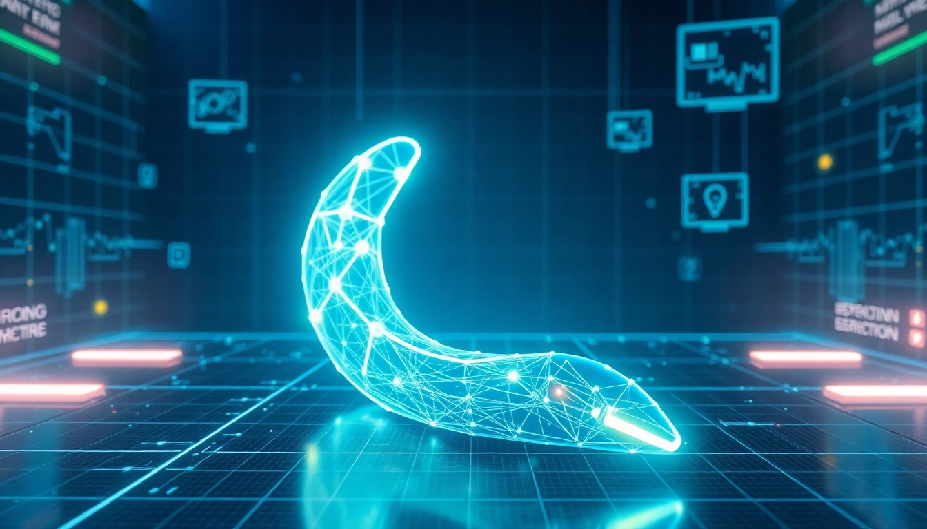 Futuristic digital art of a glowing nano banana with circuits and data streams, symbolizing advanced AI technology.