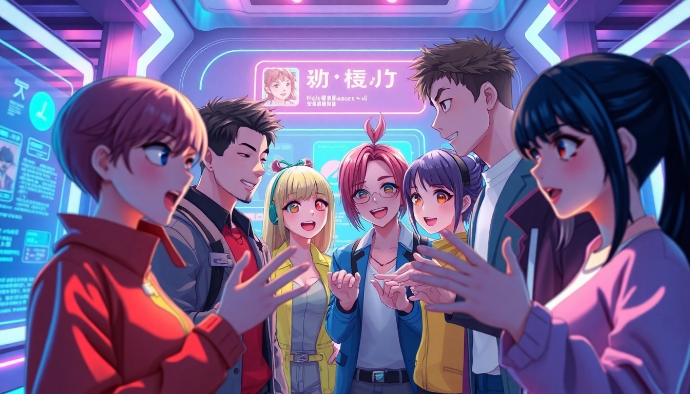 Anime-style characters engaging in a lively digital chat with neon and holographic elements in the background.