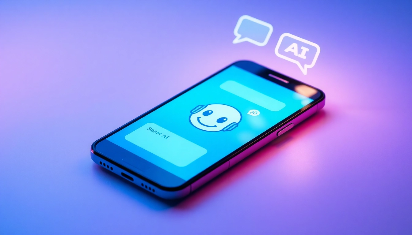 A smartphone displaying an AI chat interface with a friendly AI character, surrounded by abstract code and vibrant colors.