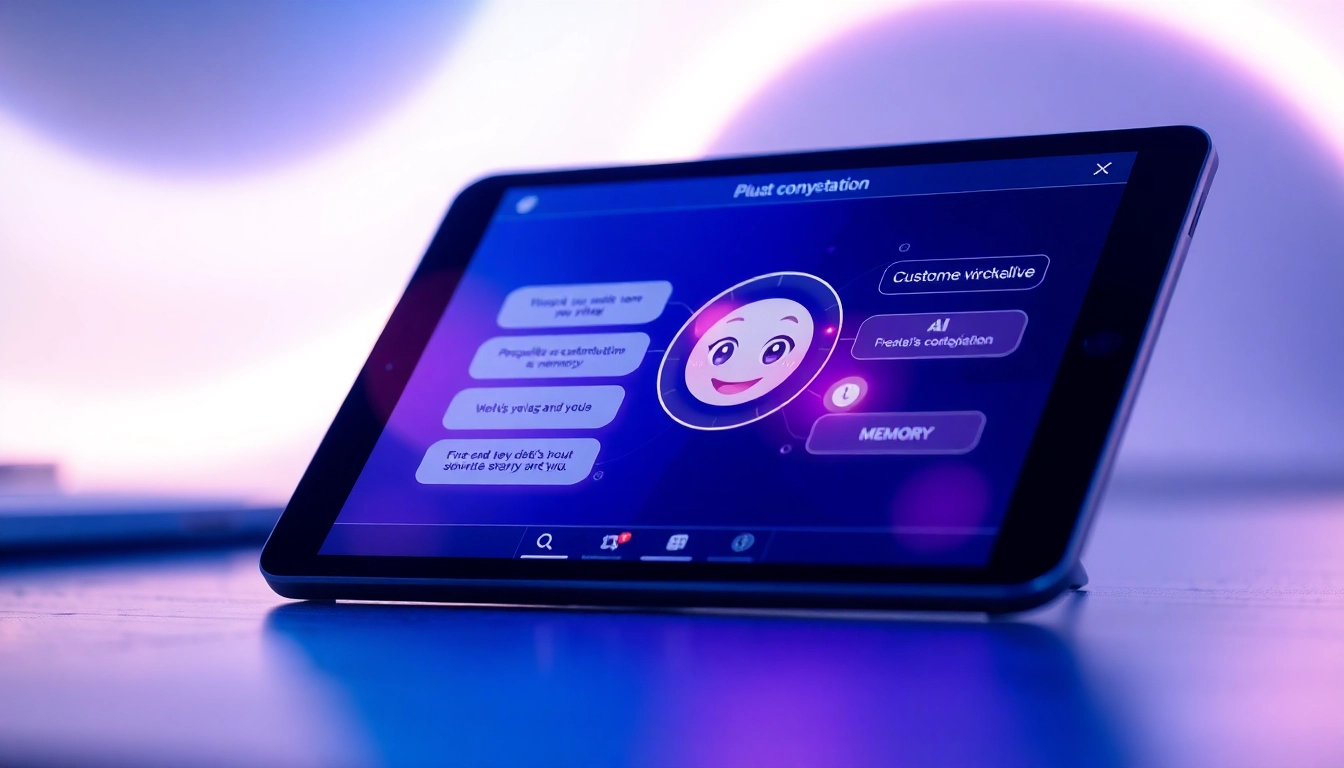 A futuristic chat interface on a tablet showing an AI character with warm expression and customization icons, set in a cozy, modern environment.