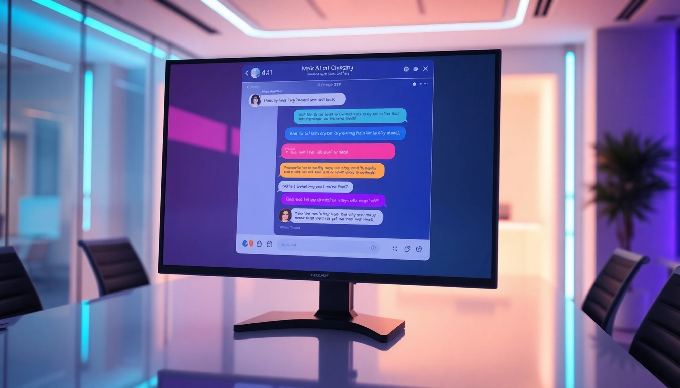 An AI chat interface on a modern screen showing a conversation with a customizable AI character.