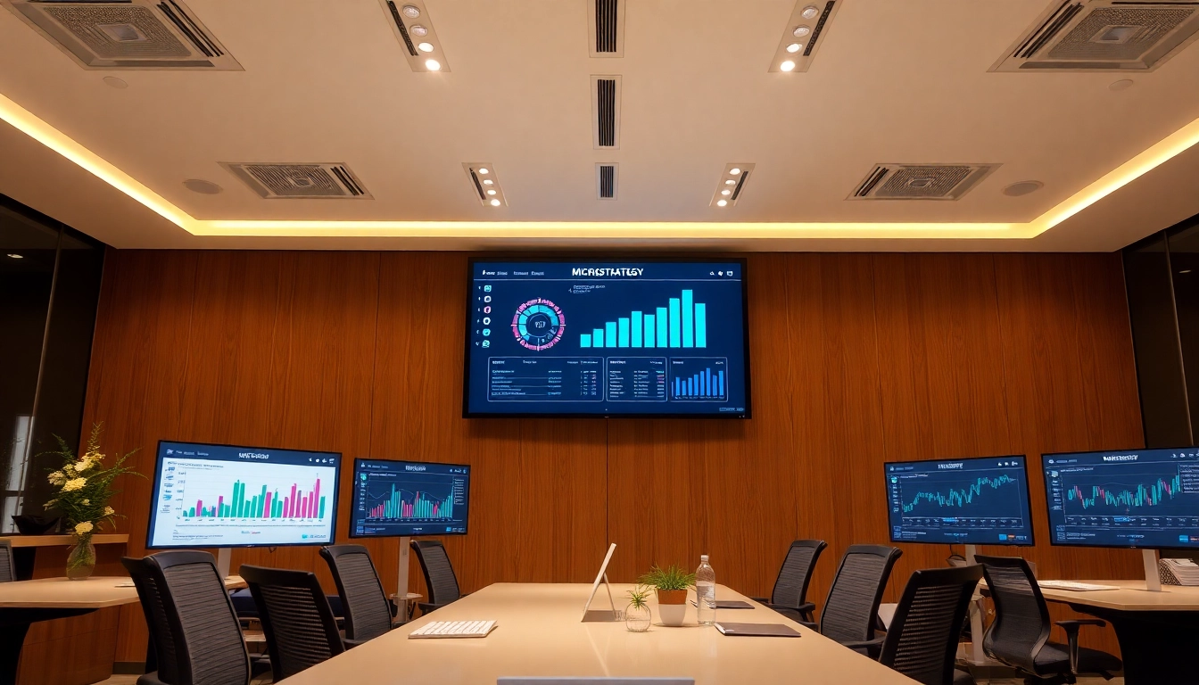 Microstrategy CEO analyzing bitcoin holdings on digital dashboards during high-level financial