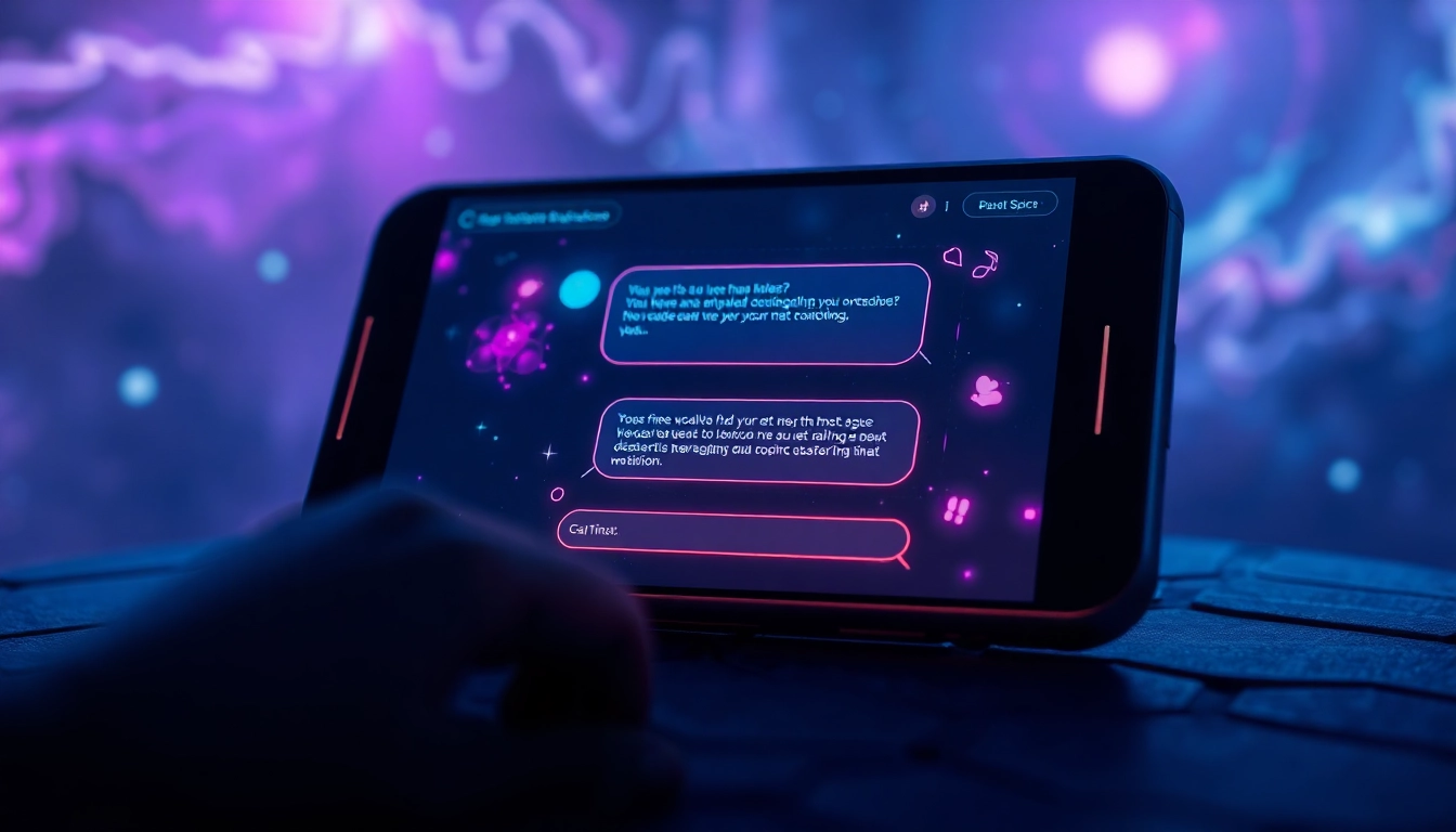 Close-up of a futuristic device displaying a cosmic-themed chatbot interface with glowing holograms and space background.