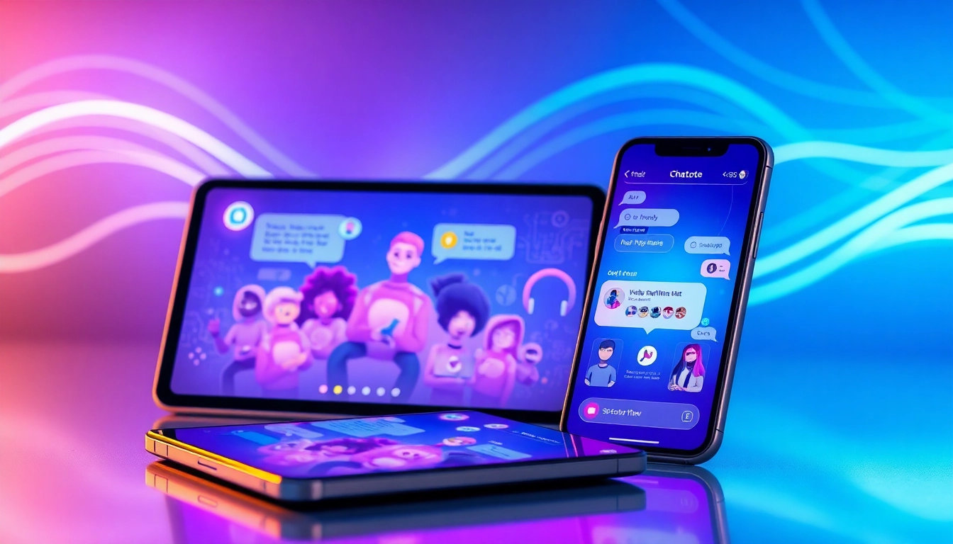 An illustration of a futuristic digital interface with customizable AI characters on devices, glowing with neon lights in a high-tech environment.