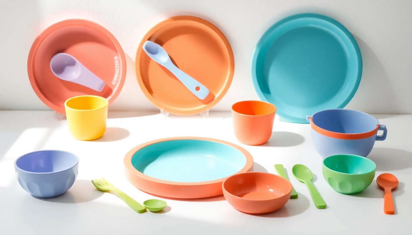 Safe silicone baby tableware in vibrant colors being used by smiling child at a family table