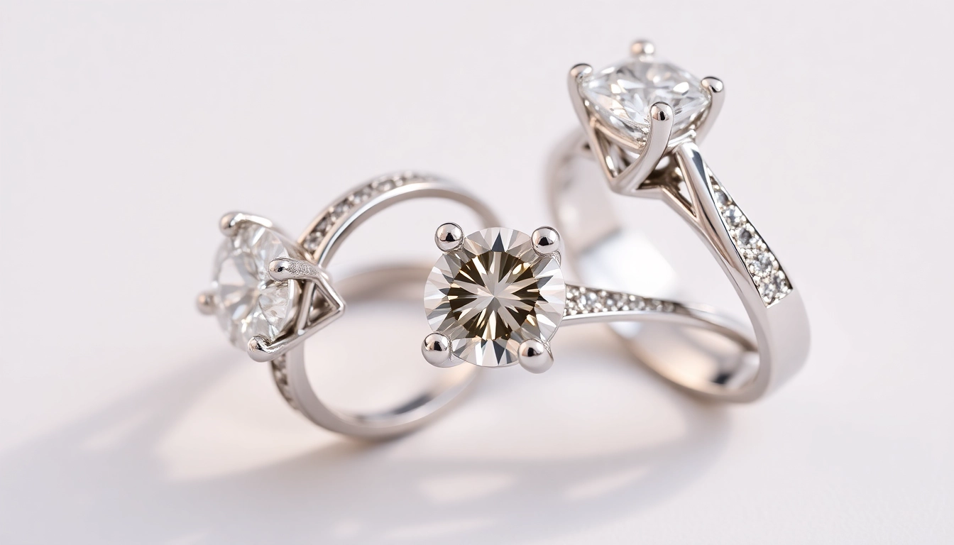 Showcase of modern engagement rings with elegant designs and sparkling diamonds for stylish