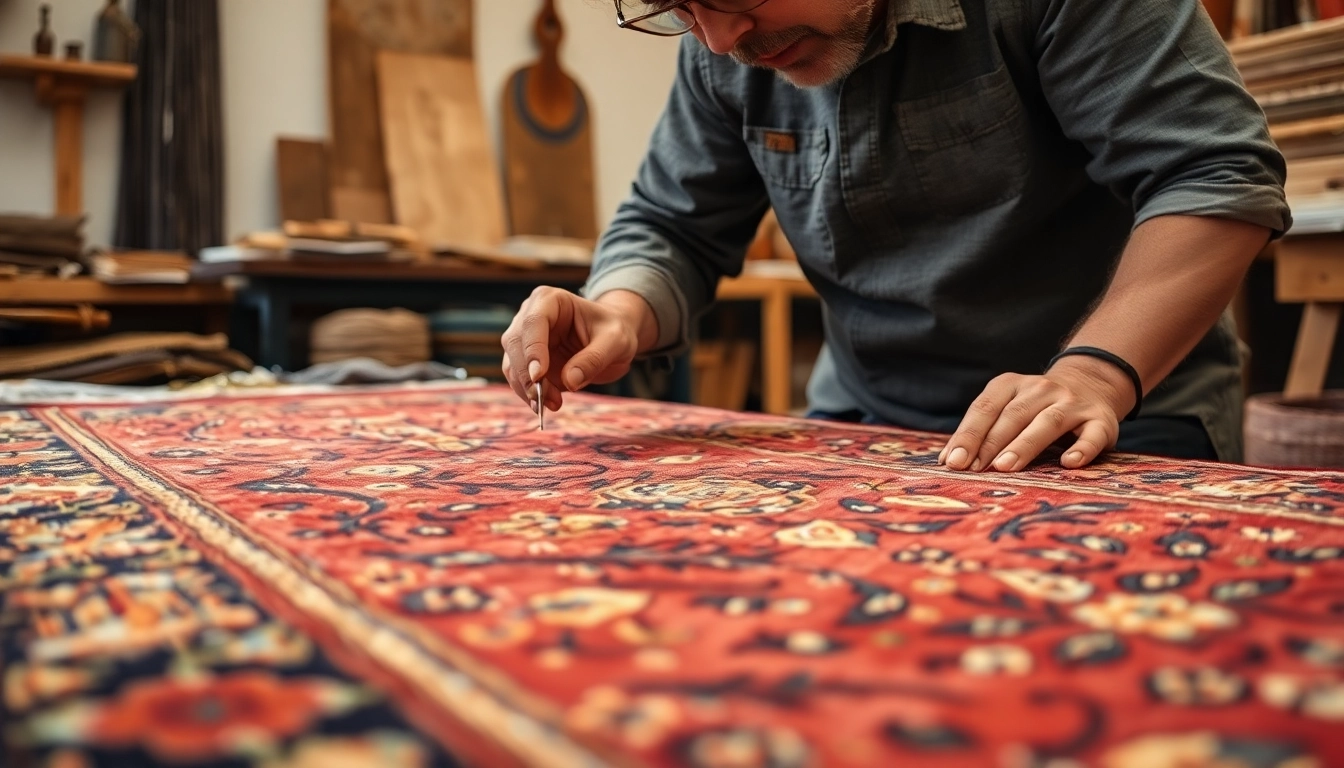 Expert restoring a beautiful Persian carpet in Milano to highlight Restauro Tappeti milano