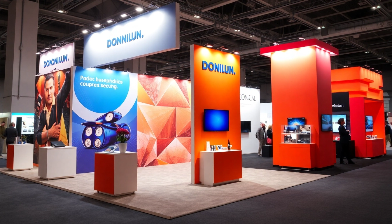 Engaging tradeshow displays setup with vibrant graphics and professional branding at a trade
