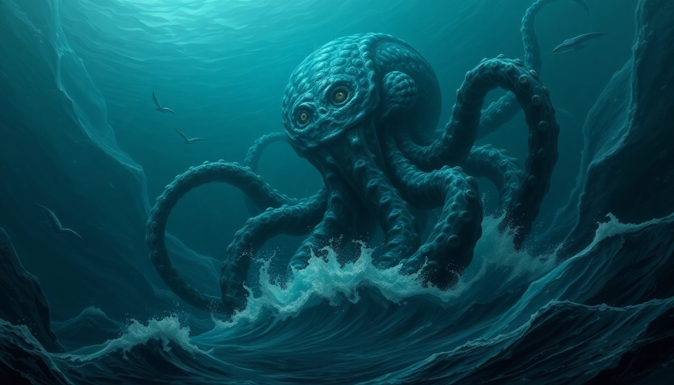 Kraken scene showing a colossal sea monster with glowing eyes and tentacles wrapping around a
