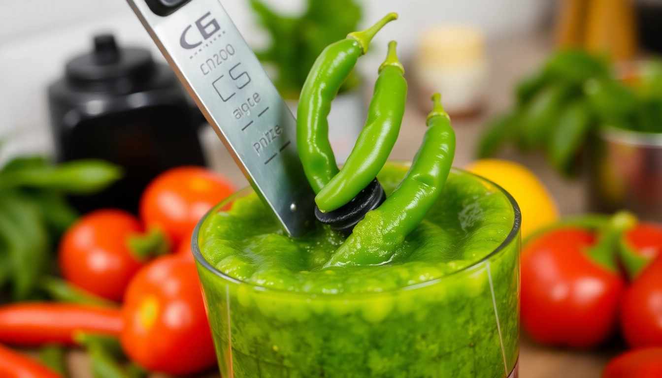 High-quality Green Chilli Paste in a jar being prepared with fresh green chilies for flavorful