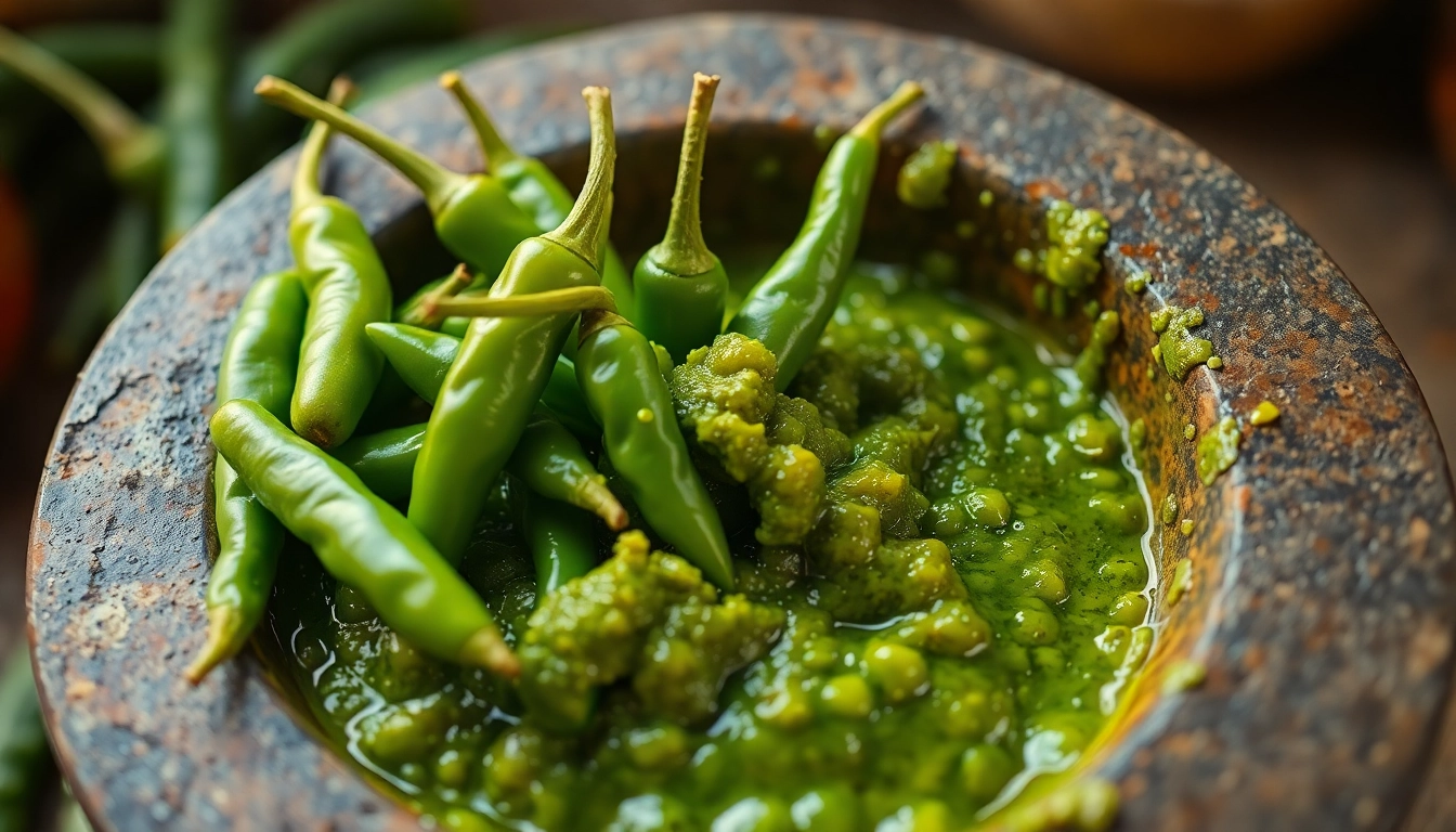 High-quality Green Chilli Paste in a traditional mortar, highlighting fresh ingredients and